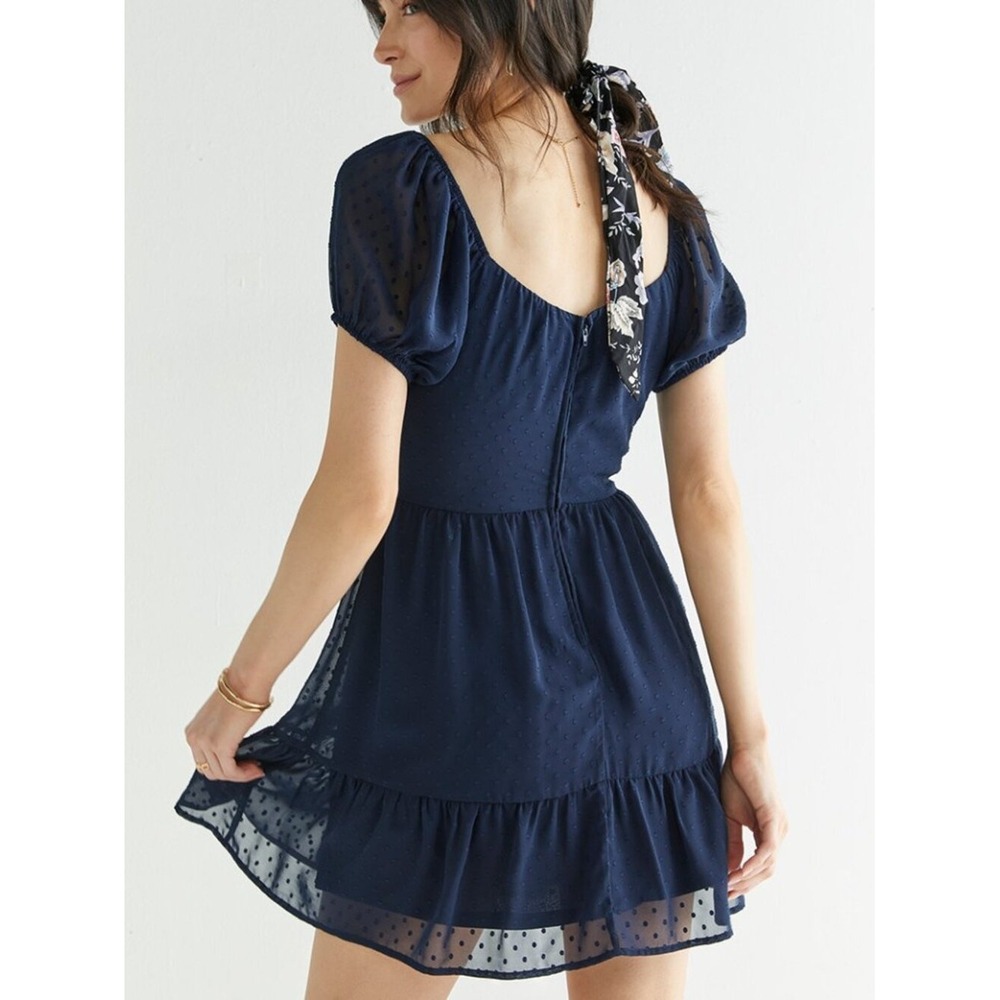 B. Darlin Black Clip Dot Puff Sleeve Ruffle Mini Dress Size 9/10 Small XSโ